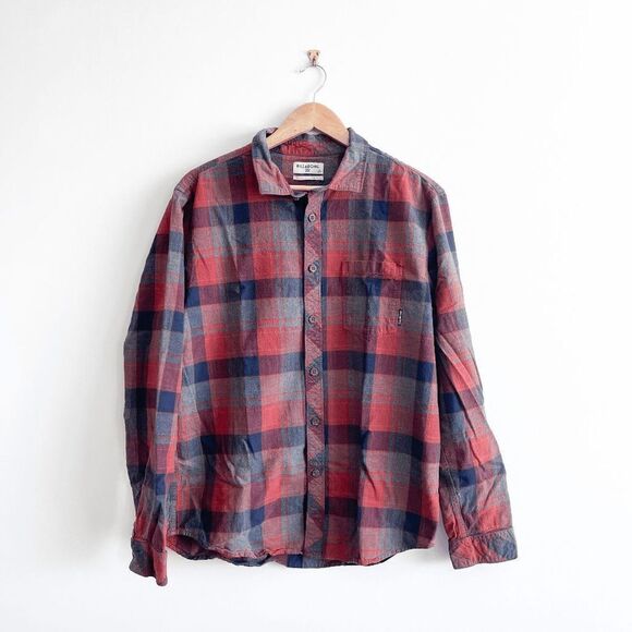 Billabong Men's Shirt Core Fit Stretch Plaid Button-Up Flannel Red Size L - Picture 1 of 8